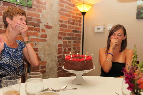 two women and birthday cake
