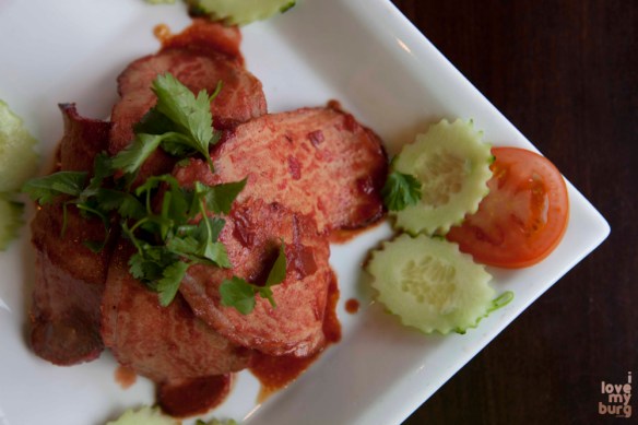 CHAR SIU PORK TENDERLOIN. pork tenderloin with jasmine rice, tomato, cucumber, cilantro